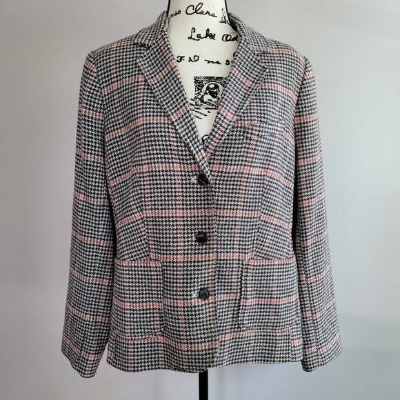 Vintage L.L. Bean wool silk blend houndstooth plaid print blazer large office pr - Picture 1 of 15